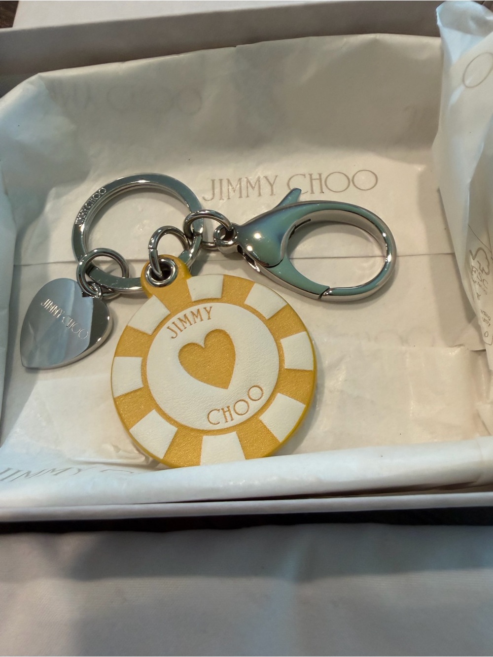 Jimmy Choo Yellow and White Poker Chip Heart Keyring with Silver Hardware